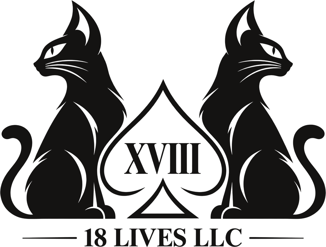 18 Lives LLC logo: two black cats seated on either side of a spade marked XVIII